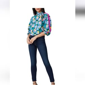 Coach Bold Geo Mock Neck Women’s Top 100% Silk Sz 6 Geometric Long Sleeve